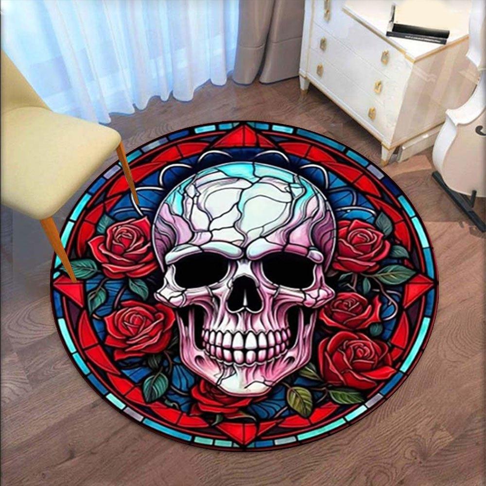 Stained Glass Skull with Roses Wall Art DecorRound Non-Slip Chair Mat Chair Carpet for Office Rugs for Office Decor Gift For Valentine's Day Mother's