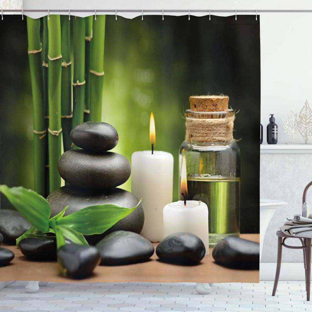 Unframed Bamboo Zen Shower Curtain Green Nature Forest Stone Spa Candle Summer Tropical Bamboo Forest Orchid Bathroom Decor With