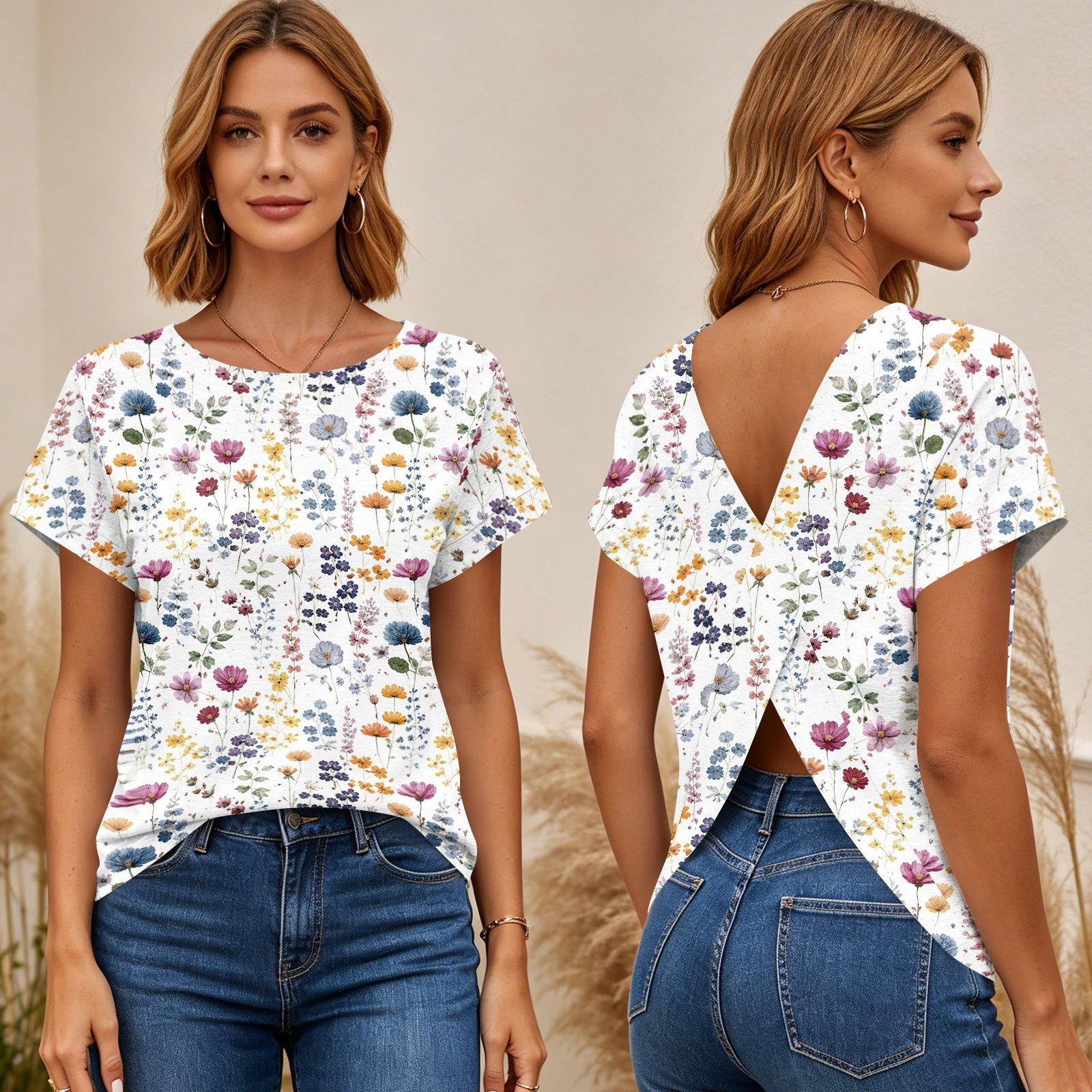 

Women s Floral Print Short Sleeve T Shirt Cross Back Open Back Top Lightweight Casual Summer Tee S белый