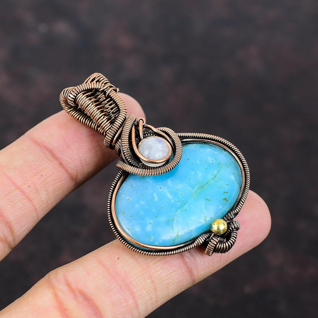 Hemimorphite Pendant Copper Wire Wrapped Pendant Rainbow Moonstone Gemstone Pendant Handmade Pendant Wonderful Copper Jewelry Gift For Mom