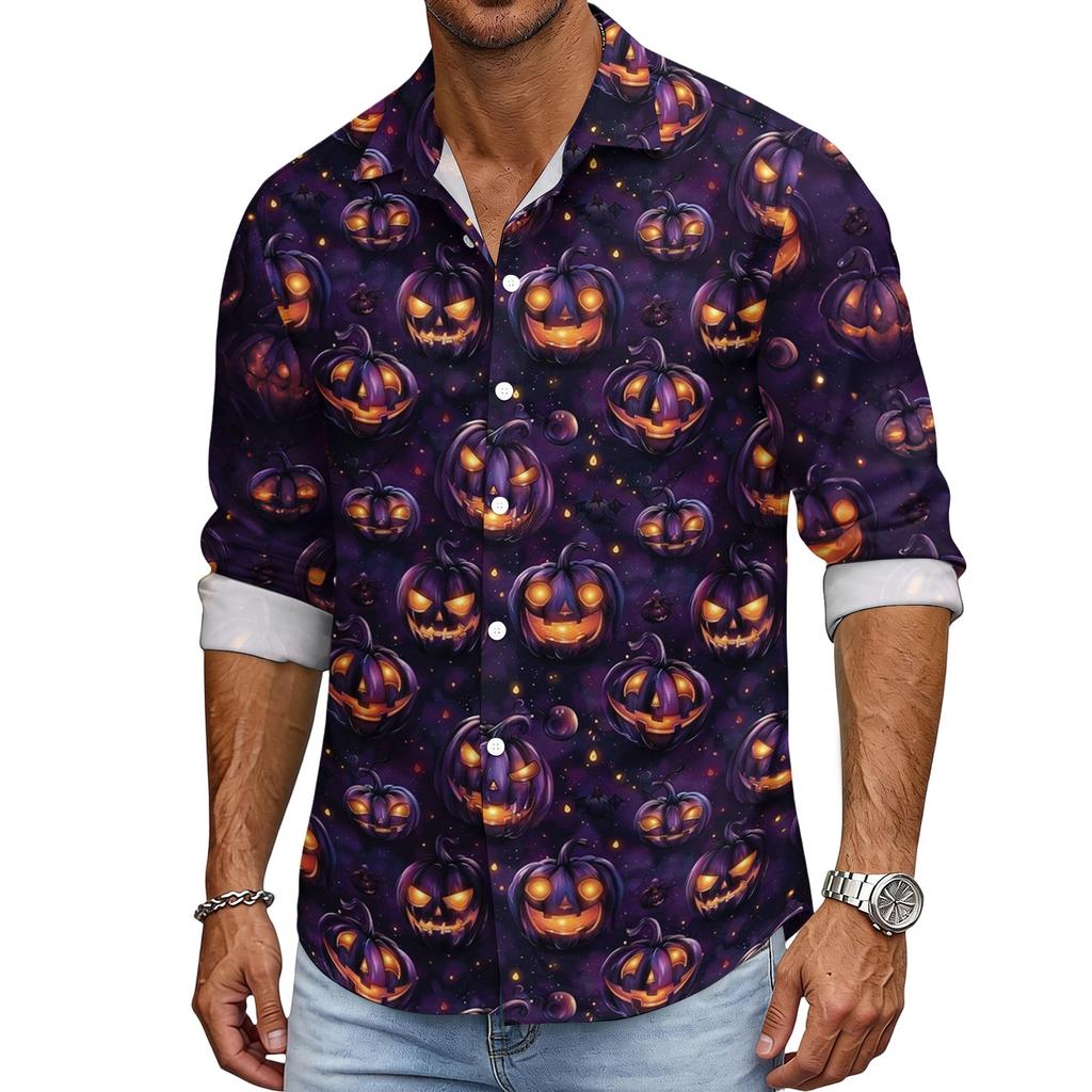 Men's Casual Long Sleeve Halloween Print Button Down Shirt Relaxed Fit Lightweight Breathable Fabric Comfortable Daily Wear