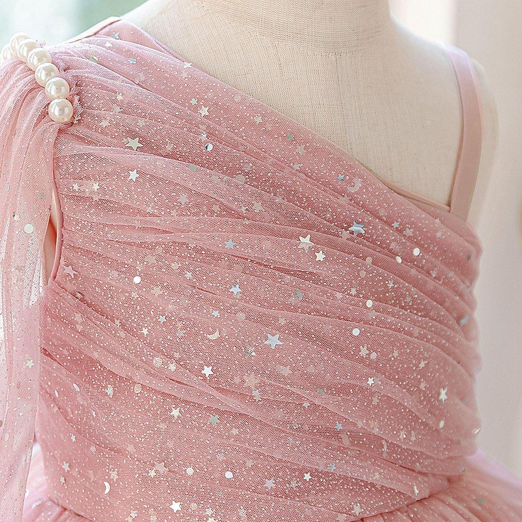 European & American One-Shoulder Sequin Princess Dress for Kids - Evening Mesh Puffy Skirt