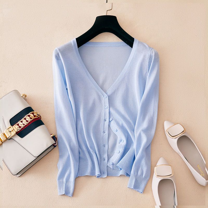 Eis Seide Dünn Gestrickt Damen Cardigan Frühling Sommer Koreanischer Stil V-Ausschnitt Locker Alles Passend Einreihig Sonnenschutz Oberbekleidung