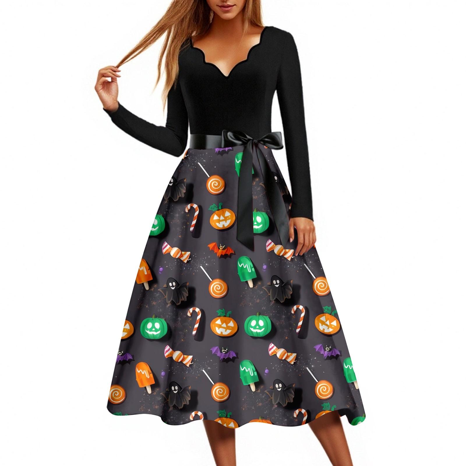 

Women s Casual Fashion Halloween Print Wave V Neck Vintage Dress XXXL шафрановий