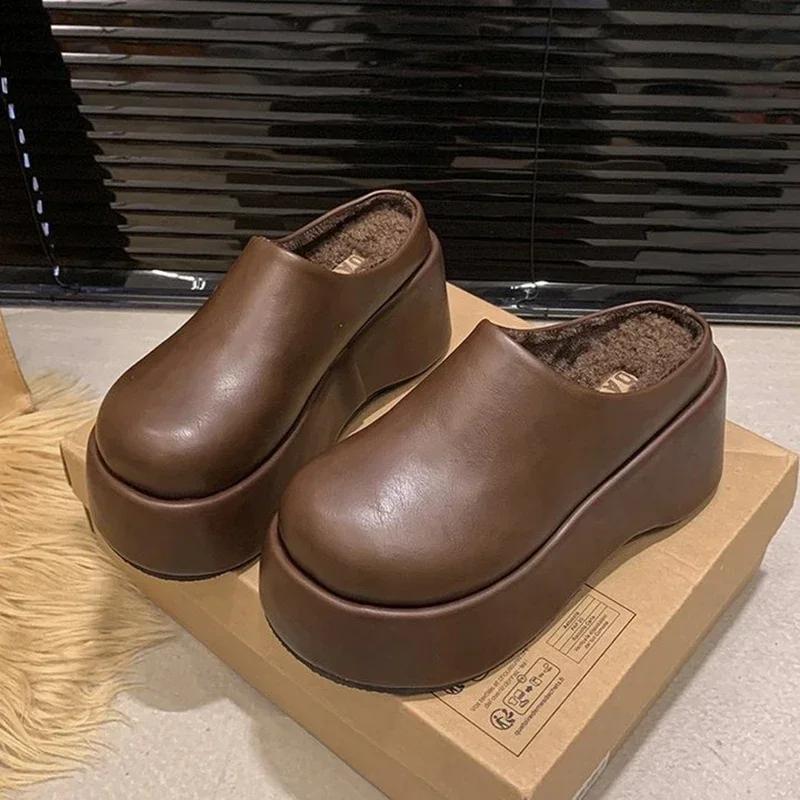 Fashion Platform Flats Women Mules Slippers Casual Outdoor Warm Slides Autumn Winter Comfort Women's Shoes