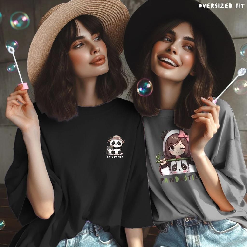 Women's Round Neck Cotton Blend Half Sleeves Oversized T-shirt Pack Of 2 Sets