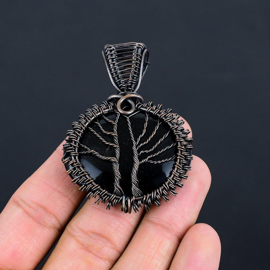Double Tree Of Life Black Onyx Gemstone Handmade Copper Wire Wrap Jewelry Pendant For Love