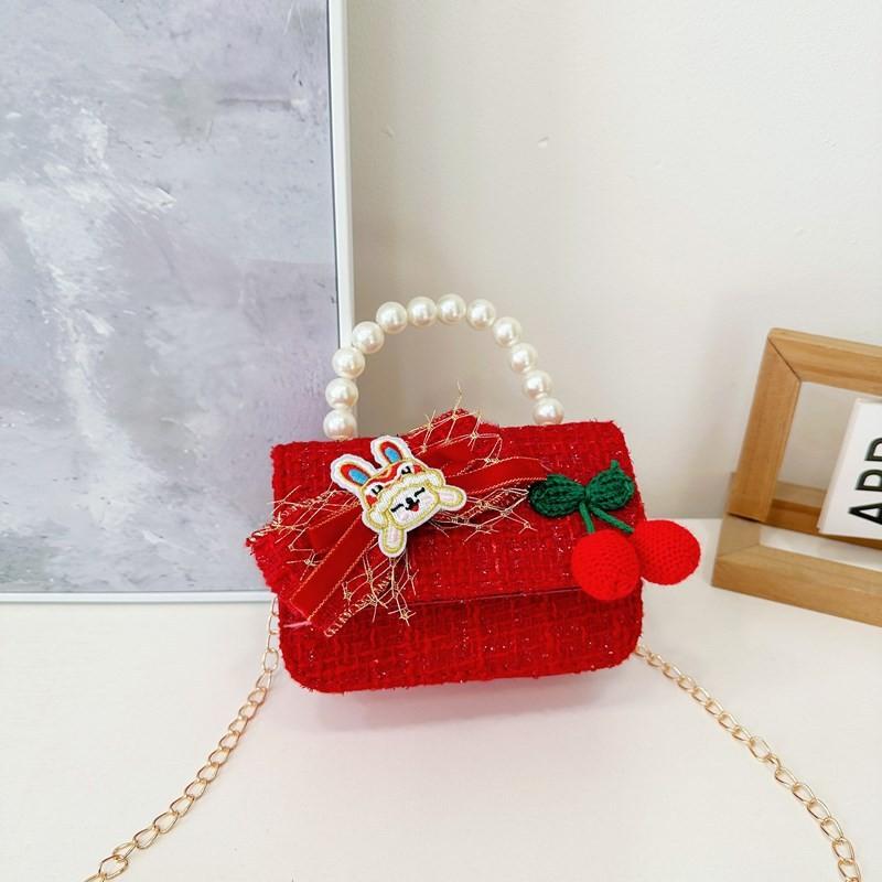 Red Cute Delightful Bowknot Childrens Handbag With Trendy Chain And Handle Pearl