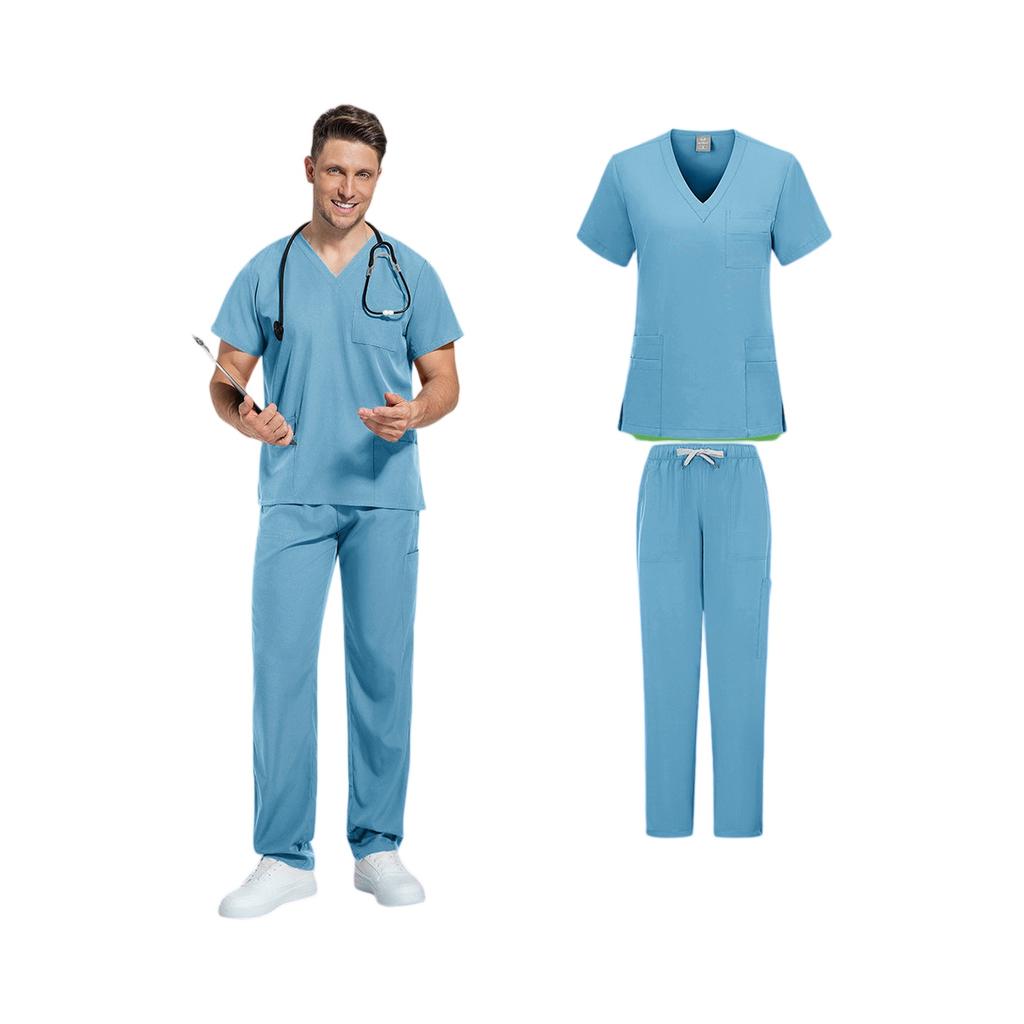 Unisex V Neck Scrub Set Short Sleeve Top and Elastic Waist Pants Two Piece Uniform for Medical Professionals