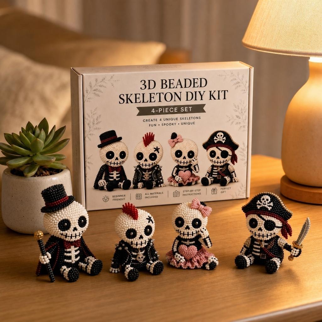 3D Beaded Skeleton DIY Kit 4-Piece Set Create Unique Skeleton Figures with Beads and Wire Frame Includes Instructions for Crafting and Display