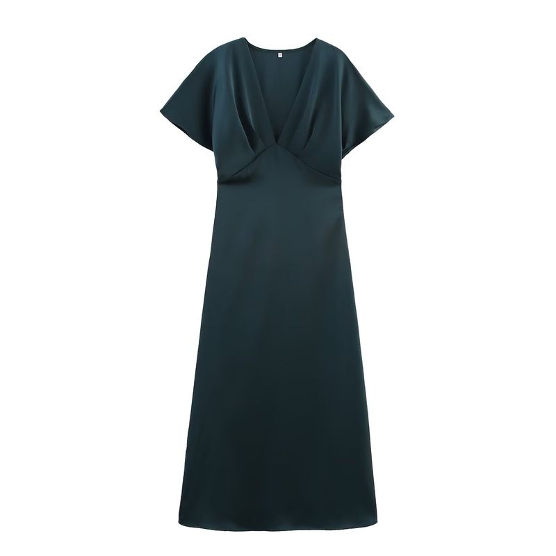 Summer New Product Women's Clothes French Style V-neck Elegant Long Silk Satin Texture Midi Skirt Dress 2330399