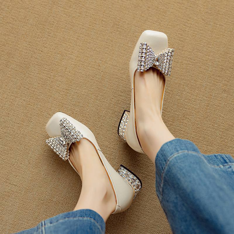 Krazing Pot Cow Skin Summer Size 40 Med Heels Crystal Butterfly-knot Decoration Square Toe Diamond Heels Gladiator Pumps