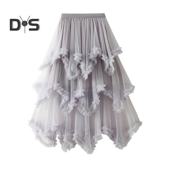 Dámská dortová sukně s polovičním pasem, elastickým pasem, nepravidelným lemem, midi sukně, jednobarevná, síťovaná, kolová, dlouhá sukně, pro každodenní nošení