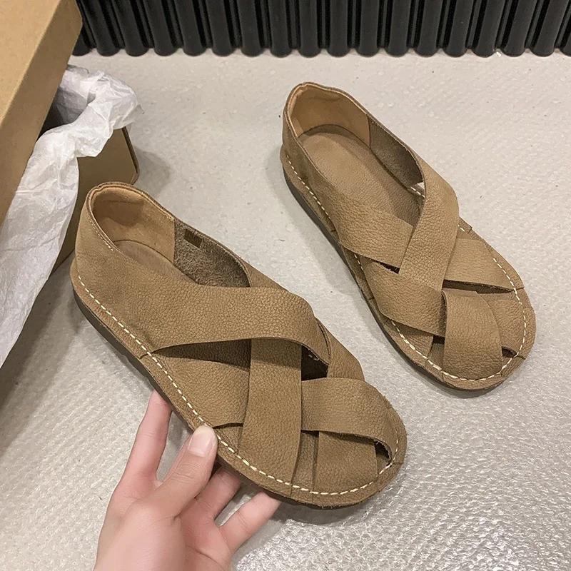 Fashion Ladies Shoes 2025 New BaoTou Women's Sandals Casual Sandals Women Summer Retro Hollow Shoes Woman Slip-on Flat Sandalias Mujer