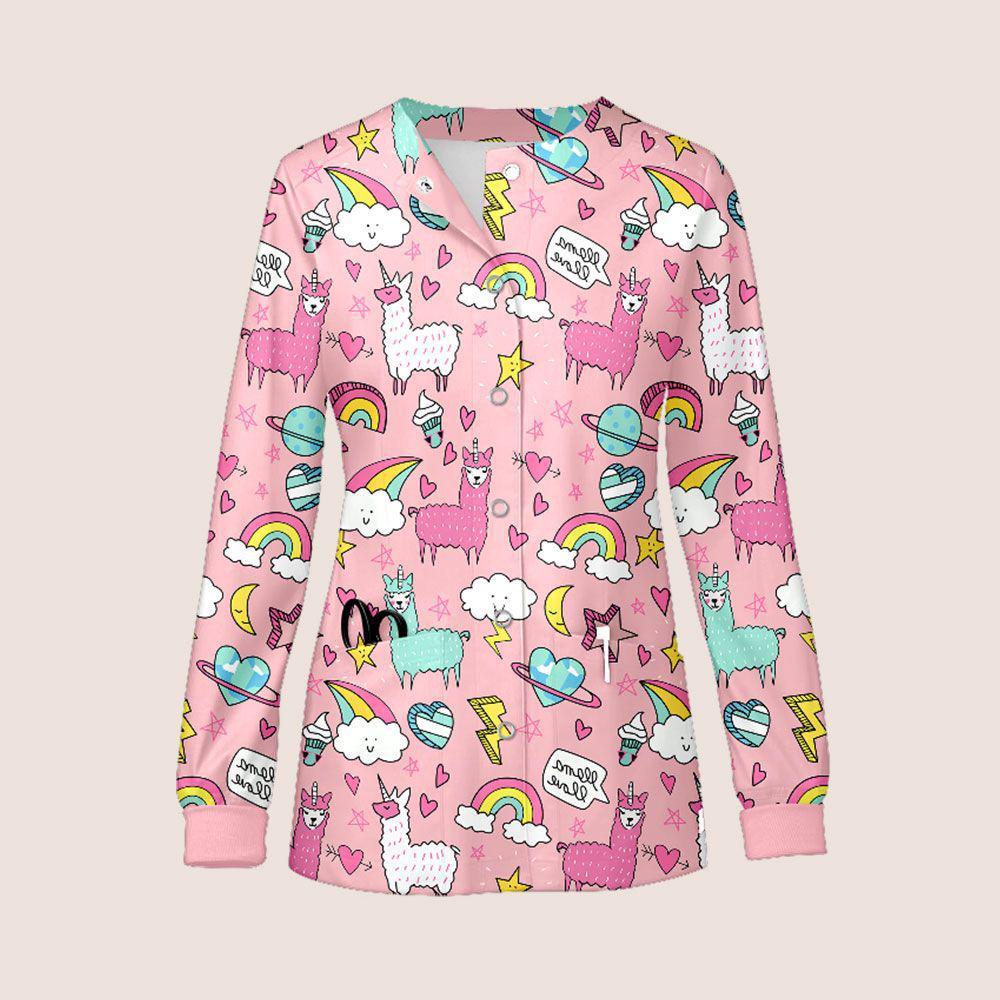 

New Cute Cartoon Print Long Sleeve Medical Scrub Top for Autumn/Winter - Ideal for Doctors, Nurses, Pet Groomers. Small