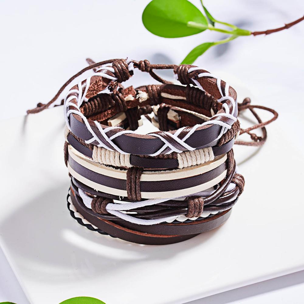 Handmade Vintage Multilayer Men Leaf Leather Bracelet Braided Star Knot Leaf Rope Wood Beads Wrap Bracelets & Bangles Male Gift
