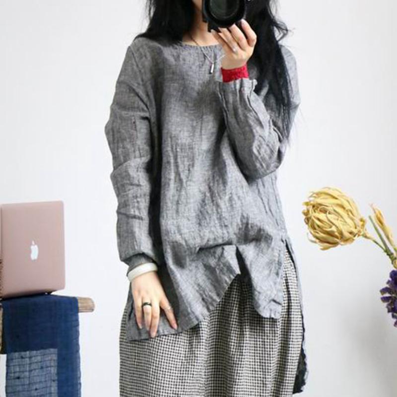 

Johnature Women T-Shirts O-Neck Long Sleeve Solid Color Loose 2025 Autumn Vintage High Quality Simple T-shirt One Size серый