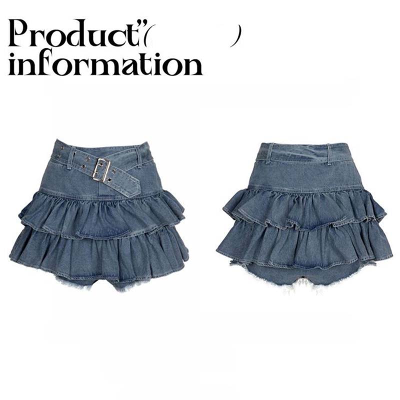 Jeansrock mit doppelter Rüsche und hoher Taille, kurz, blendfrei, dünn, A-Linie, Kuchenrock, Y2K-Mode, süß, sexy, Frühling und Sommer