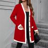Women's Knitted Pocket Single-breasted Mid-length Contrast Color Casual Long-sleeved Cardigan Jacket