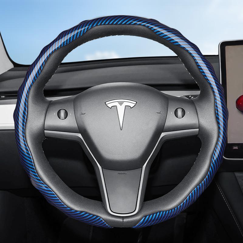 Suitable for Tesla Carbon Fiber Texture Steering Wheel Cover, Snap-On Wave-Shaped Sporty Design, Durable Protective Case Suitable for Model 3 Y S X