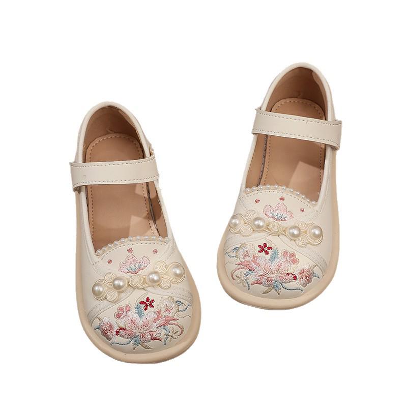 Embroidered Green Hanfu Shoes for Girls with Pearls - Traditional Chinese Style Children's Cloth Shoes