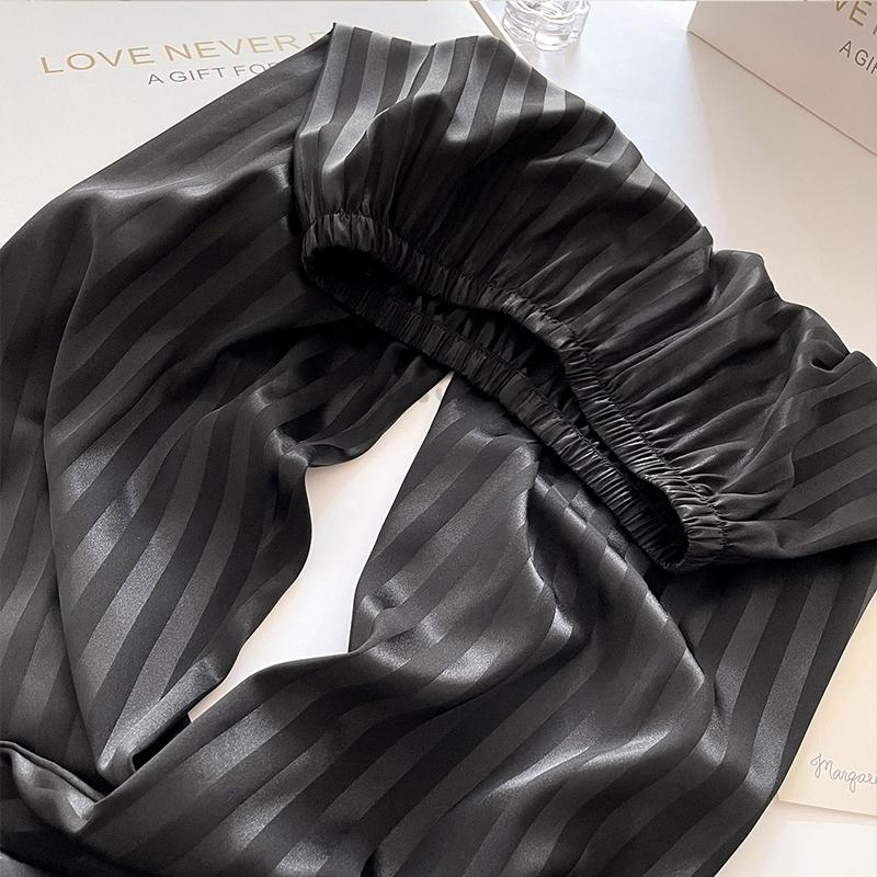 Gestreiftes Pyjama-Set für Damen aus Satin, langärmelig, Revershemd, Nachtwäsche, sexy Dessous, Heimkleidung, lockere Nachtwäsche, Loungewear