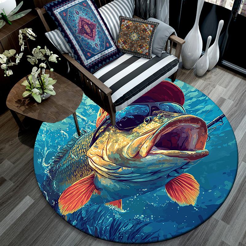 Bass Fish Round Area Rug,Carpet Rug for Living Room Bedroom Sofa Playroom Decor,Non-slip Floor Mat