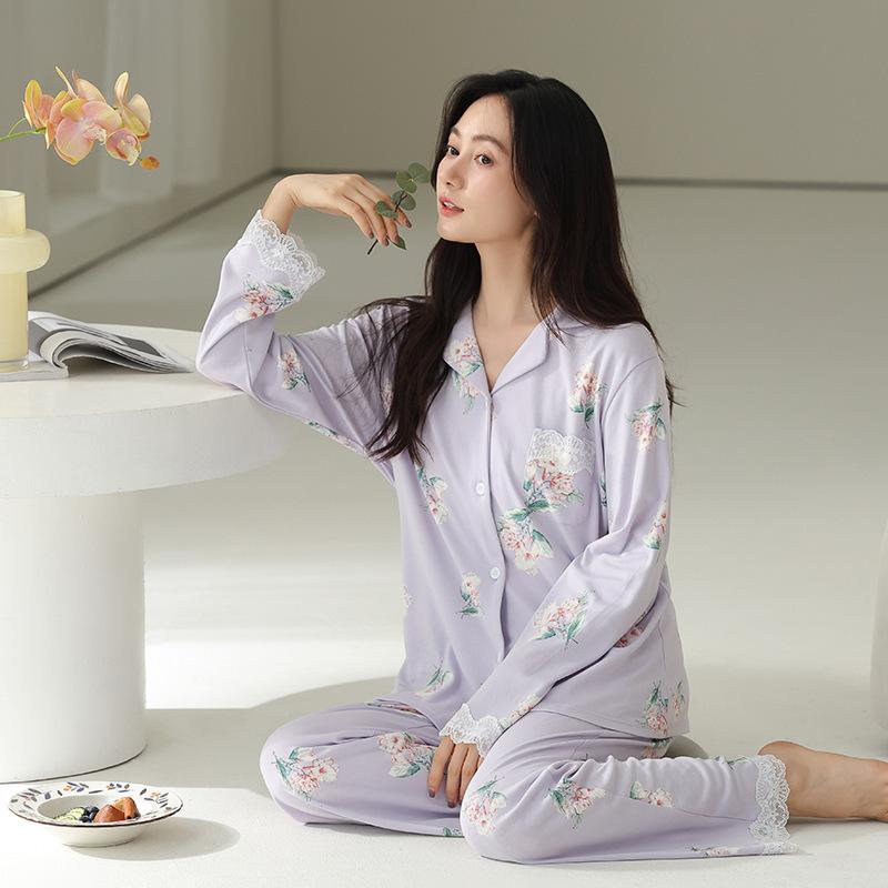 Pajamas Women's Spring and Autumn Pure Cotton Long-sleeved New Floral Thin Mother Advanced Sense Can Be Worn Outside Cool Cotton Suit
