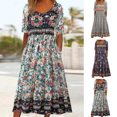 Lady Midi Dress Round Neck Colorful Flower Printing Double Slip Pockets Short Sleeves Dress Up Bohemian Loose Hem Lady Summer Dress Female Clothing