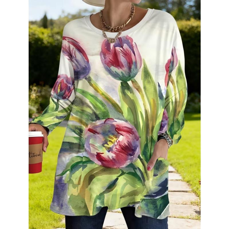 Women's long-sleeved round-neck T-shirt, suitable for spring, autumn and winter seasons. It has pockets and print designs. machine washable.