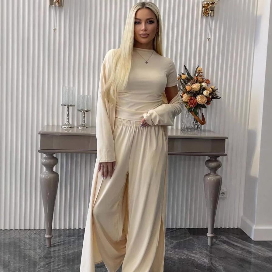 Autumn and Summer Season Comfortable and Versatile Commuting Daily Wide-leg Pants Waist and Thin Tight Top Jacket Three-piece Set