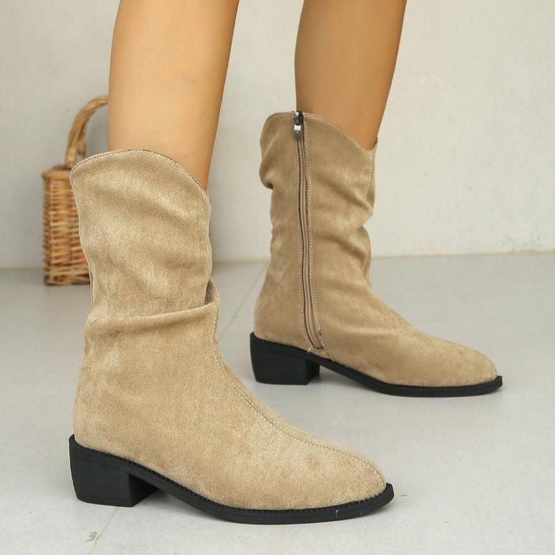 Women's Shoes New Fashion High Quality Zipper Women's Boots Winter Pointed Toe Solid Mid Calf Thick Heel Simple Roman Boots