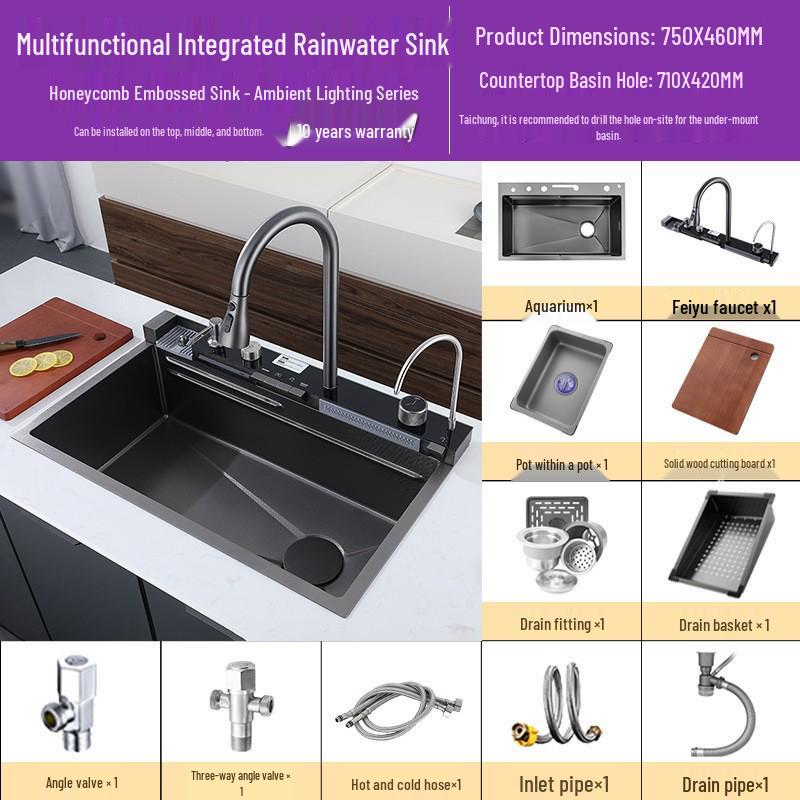 Large Single Bowl Kitchen Sink: 304 Stainless Steel Digital Display with Nano Honeycomb & Waterfall Features