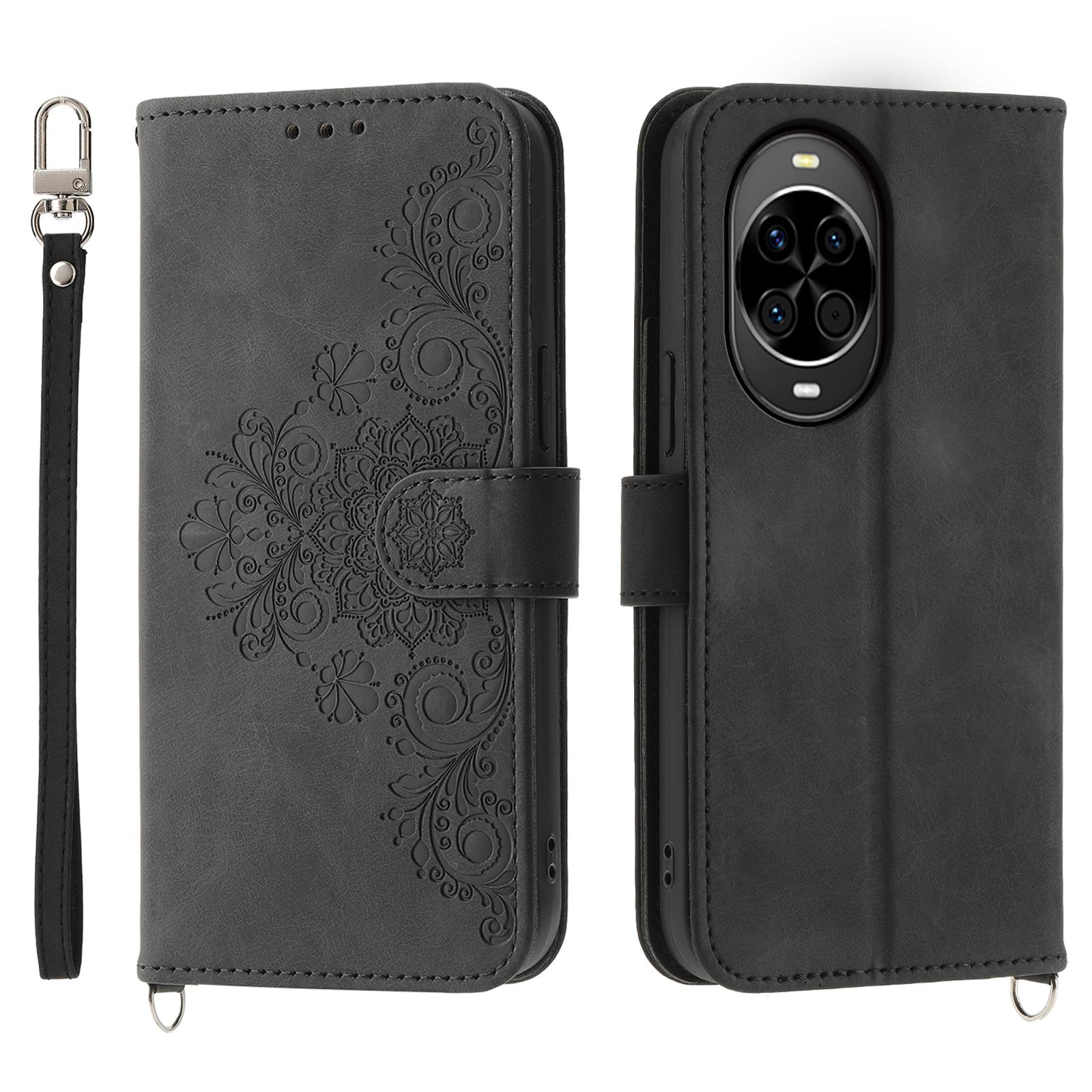 

For Huawei nova 14 5G Case Flower Pattern PU Leather Wallet Phone Cover with Strap Black