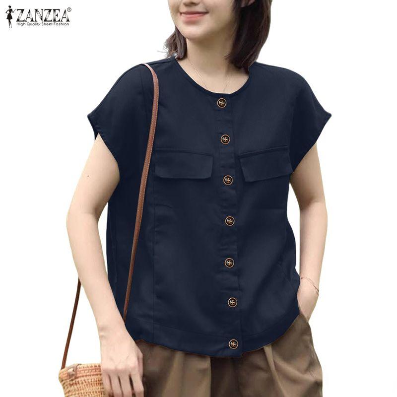 ZANZEA Women Casual Round Neck Solid Color Short Sleeve Blouse