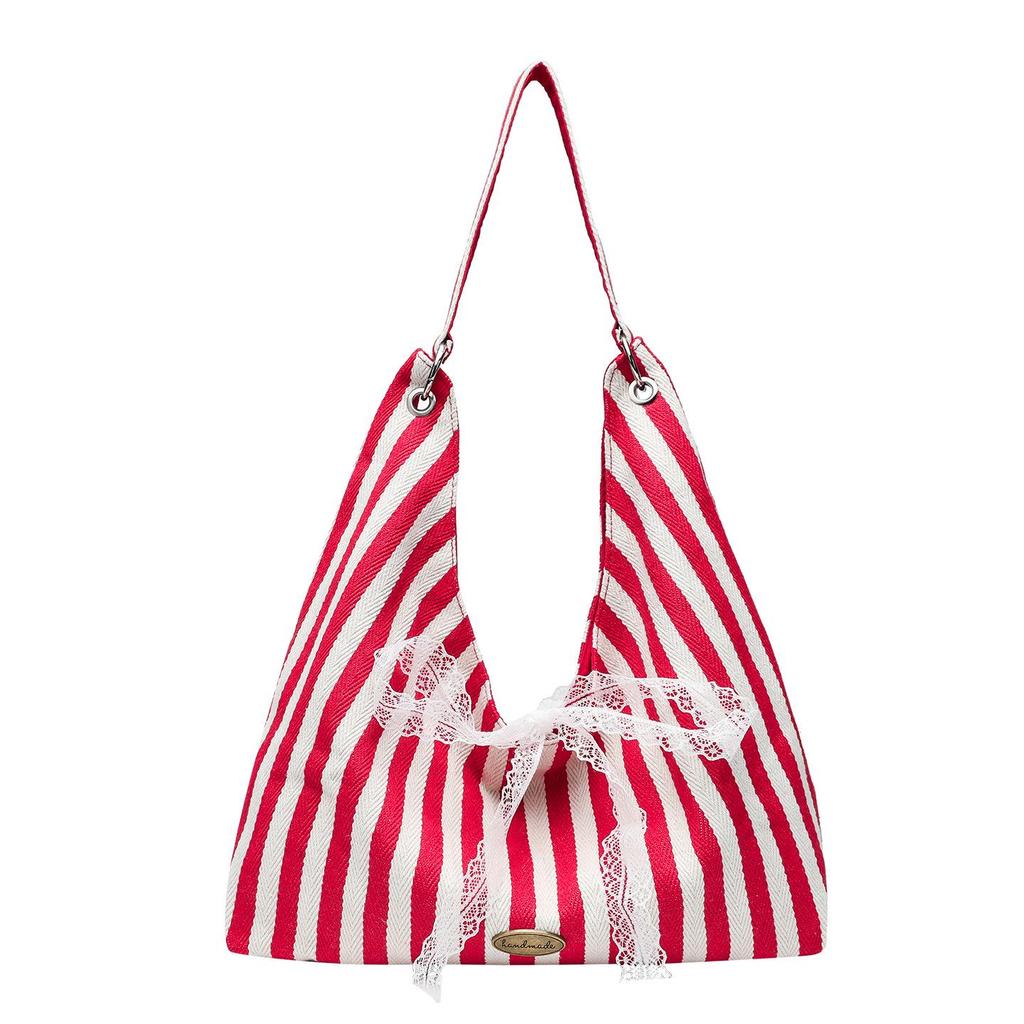 Reversible Striped Canvas Tote Bag - Korean Style, Large Capacity, Fashionable and Versatile for Everyday Use