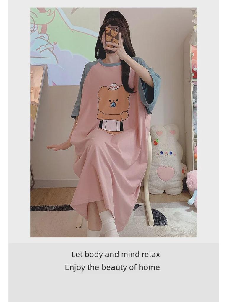 Women's Plus Size Cotton Nightdress - Cute Cartoon, Round Neck, Long Sleeve, Spring/Summer