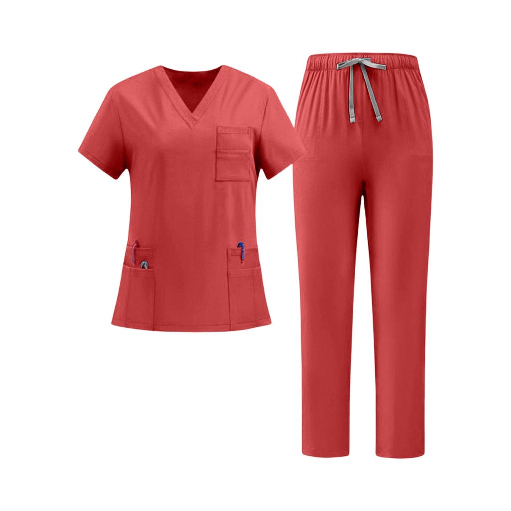 Women's Uniform Quick Dry V-Neck Short Sleeve Top with Pockets and Pants Set Scrub Uniform