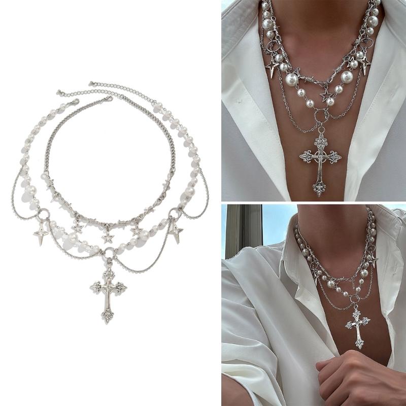 2pc Elegant Crosses Pearls Necklace Versatile Crosses Pendant Pearls Necklace Jewelry for Faithful Fashionistas