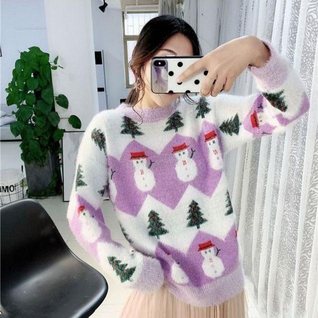 Female Large Size Vintage Loose Print Sweaters Women's Autumn and Winter Sweet Style Knitted Pullover Tops