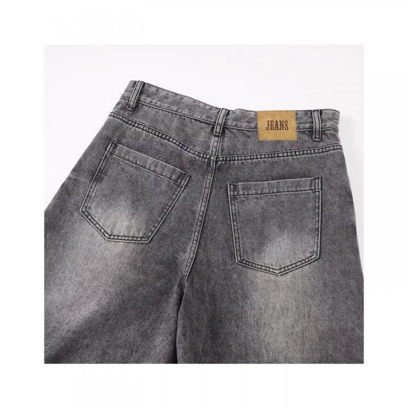 Retro Washed Wide Leg Denim Pants Men Women Relaxed Fit Straight Cut With Whiskering Detail