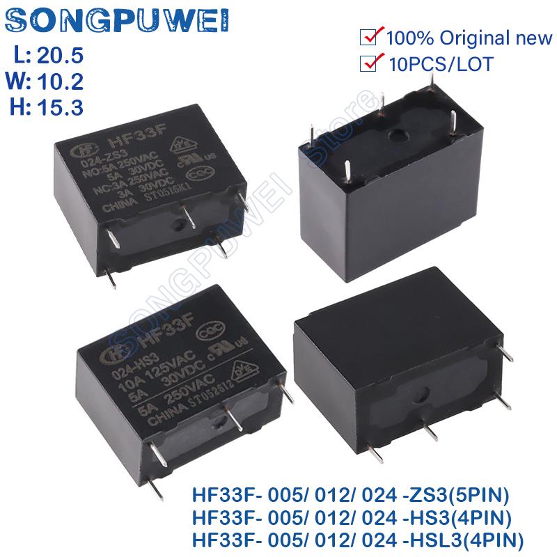 10Pcs/lot Relays 5V 12V 24VDC HF33F -005 012 024 -HS3 HSL3 4Pin / ZS3 5Pin 5A 250VAC JZC-33F-005-HS3 HF33F-012-HS3 HF33F-024-ZS3 Relays 5
