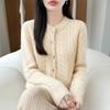 Women's Round Neck Knit Cardigan with Button Flower - Multi-color, Coco Style Sweater for Spring, Autumn, Winter, Commuting.