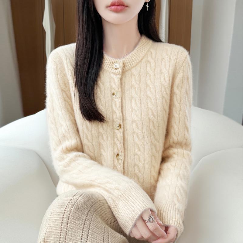 Women's Round Neck Knit Cardigan with Button Flower - Multi-color, Coco Style Sweater for Spring, Autumn, Winter, Commuting.