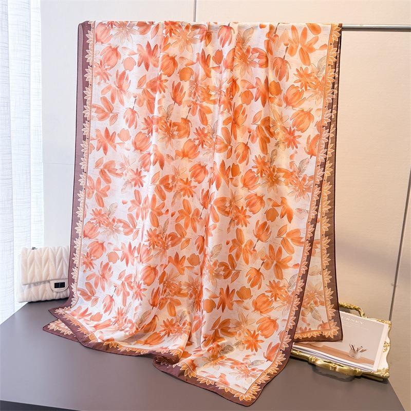 Spring and Summer Light Rhyme Flower Printing Simulation Silk Brocade Sunscreen Silk Scarf Long Scarf Shawl Versatile Headscarf Scarf