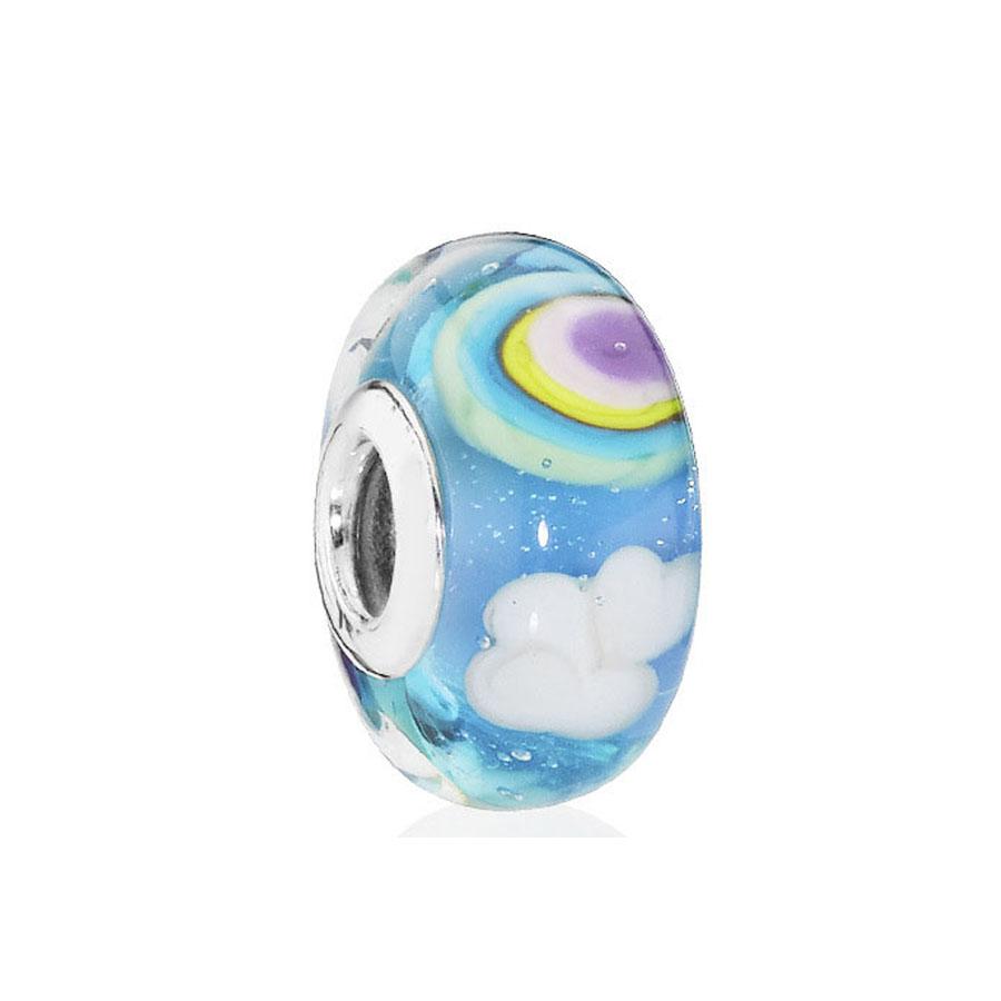 2024 New 925 Sterling Silver Plated Luminous Glass Charm Bule Merano Rainbow Bead Fit Original Diy Bracelet Jewelry Clip