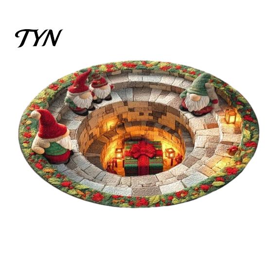 Christmas Themed Home Decor Round Rug, 3D Illusion Mat, Holiday Winter Carpet, Soft Gnome Deer Crystal Velvet Floor Mat Santa House Festive