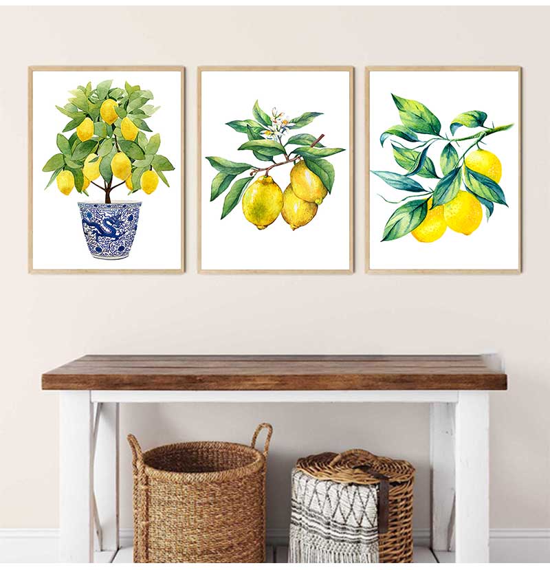 Bonsai Canvas Painting Art Blue White Willow Style Lemon Poster Kitchen Decor Lemon Print Planter office decoration