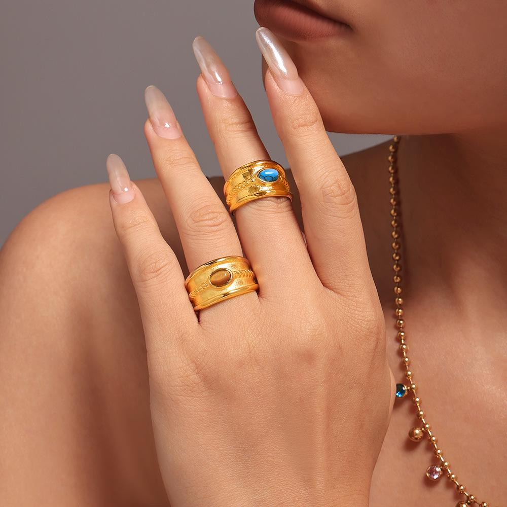 Mili Blue Turquoise Tiger Eye Stone Twist Pattern Stainless Steel Ring for Women, PVD Gold-Plated, Pinky Ring, In Stock