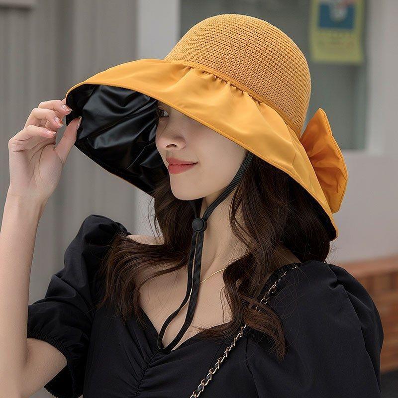Summer bucket hat women's vinyl sunscreen sunshade hollow breathable dignified atmosphere bow UV protection hat